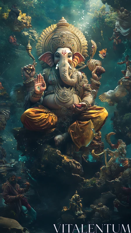 Deity figure with elephant head is depicted seated underwater