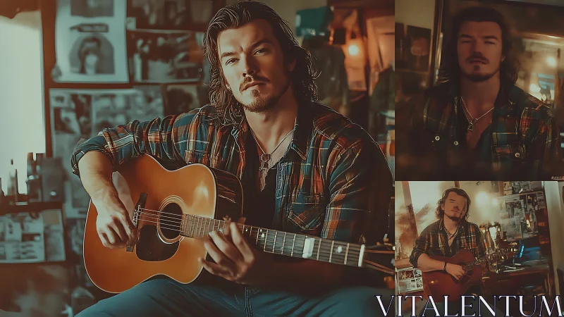 Moody guitarist plays acoustic in a warm, rustic studio bar