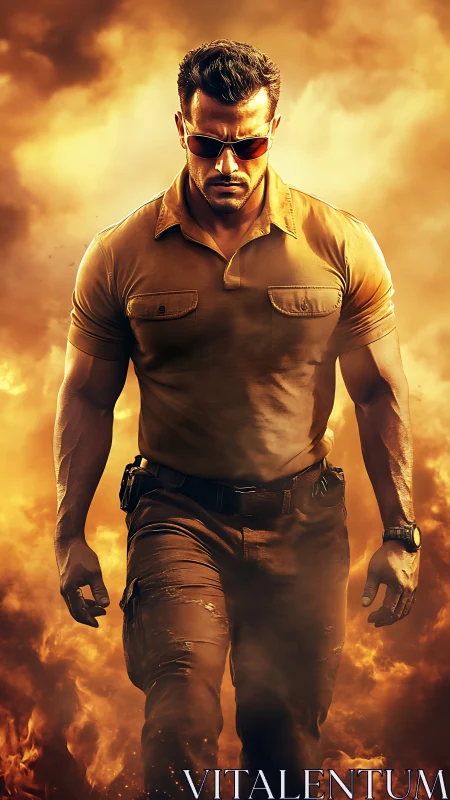 Fire-forged action hero strides through roaring inferno blaze.