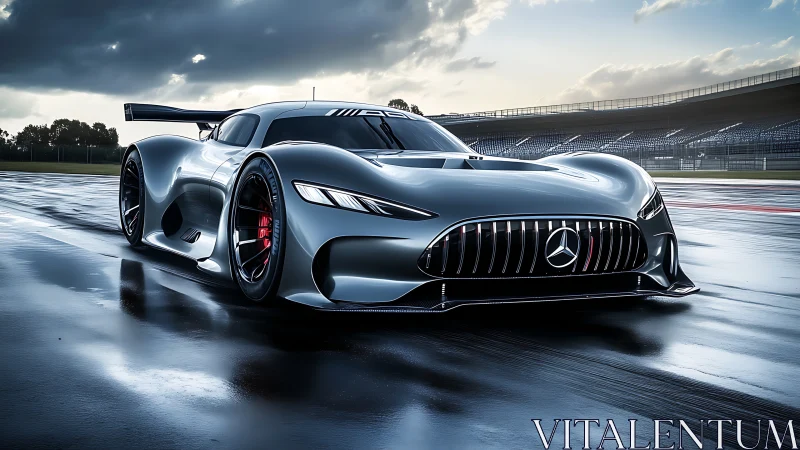 Storm-chasing silver hypercar stalking a rain-slick circuit.