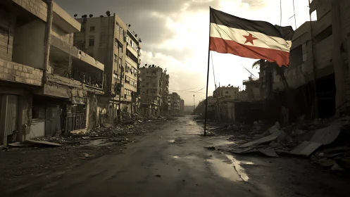 War-scarred boulevard bowed beneath a lone rising flag.