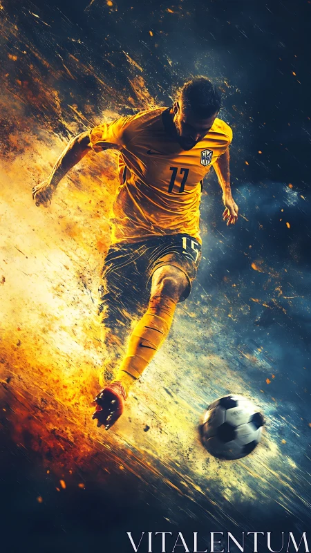 Soccer player in yellow jersey strikes ball with fiery energy.