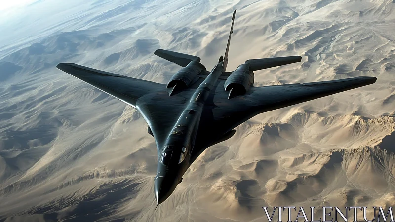 Stealth military bomber aircraft over arid mountain desert.