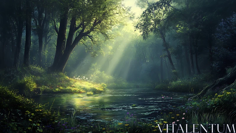 Luminous Forest Riverscape: Crepuscular Rays Through Ancient Deciduous Canopy