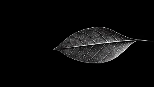 Monochrome leaf skeleton on deep black negative space background.