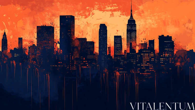 Bold orange city skyline silhouette over dark foreground.