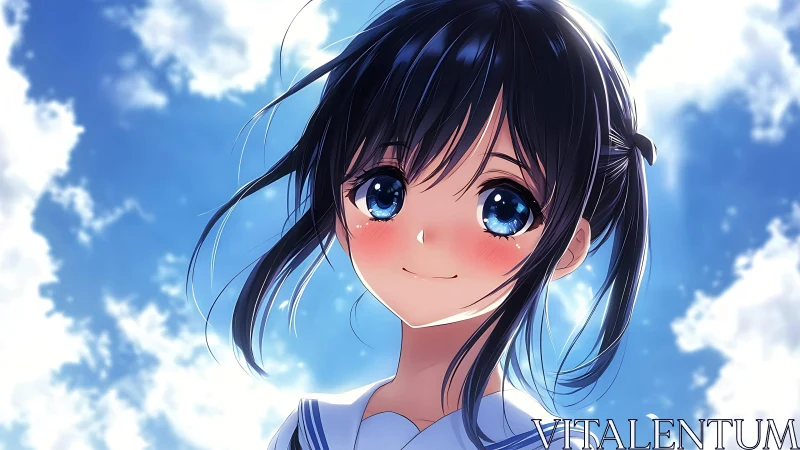 Anime schoolgirl portrait under bright daytime sky.
