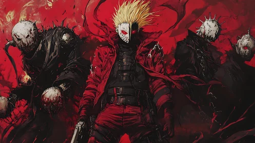 Masked armed figure with spiked entourage in red field.