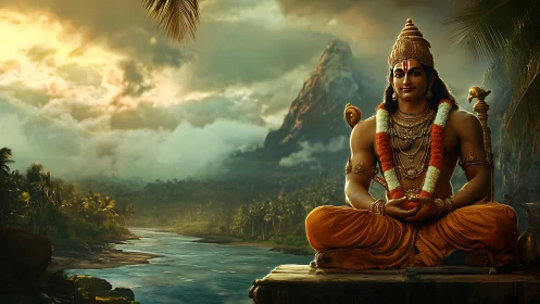 Seated deity meditates beside river under dramatic mountains