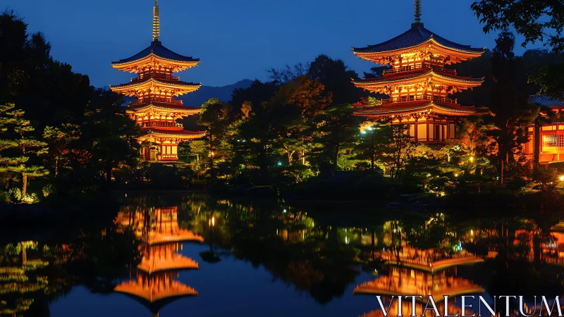 Nocturne temple reflections in illuminated pagoda architecture.