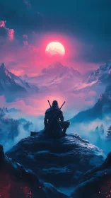 Lone wanderer resting beneath a neon moonlit mountain sky.