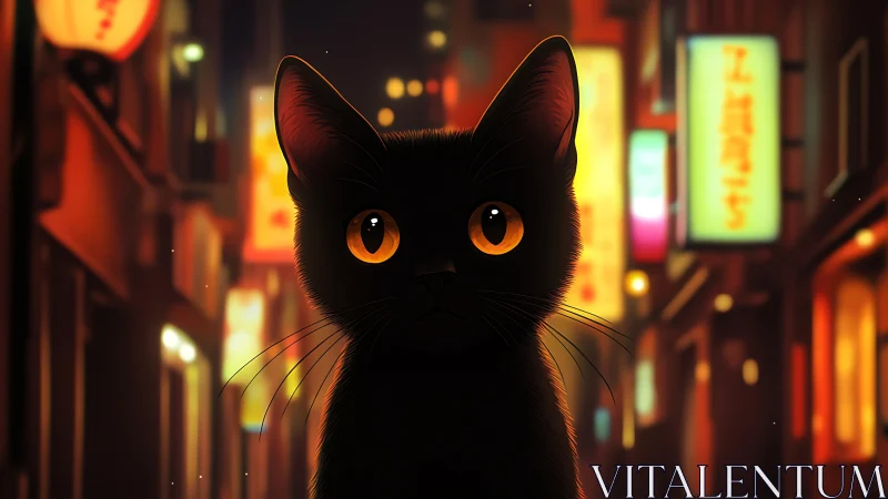 Black cat with amber eyes in neon lit city alleyway.