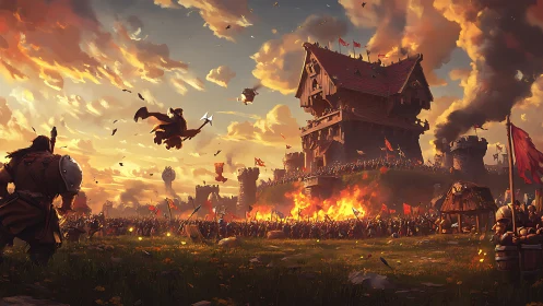 Epic fantasy siege blazing around a towering wooden keep.