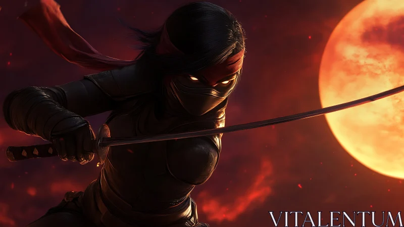 Masked ninja warrior poised before burning red moon.