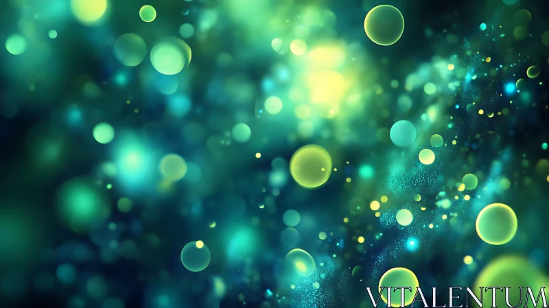 Abstract glowing green and yellow bokeh lights on dark background.