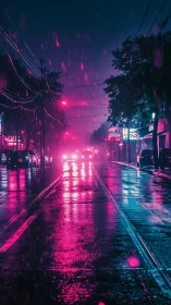 Neon rain turns the midnight street into a glowing corridor