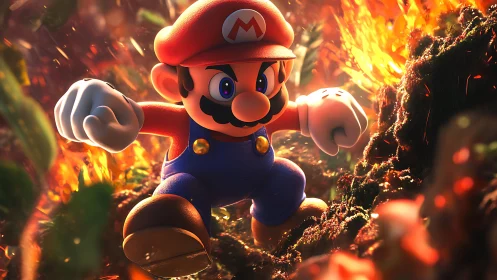 Heroic mustached plumber charging through fiery embers.
