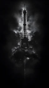 Monochrome Eiffel Tower silhouette in stormy illuminated haze