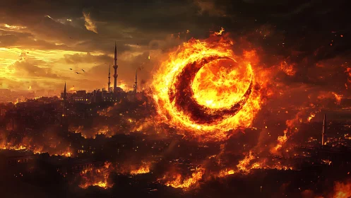 Apocalyptic Firestorm Over Ancient City With Massive Burning Portal.