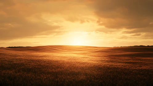 Sunlit wheat plains under golden hour stratified clouds