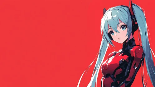 Cyan twin tail android stands against vivid red field.