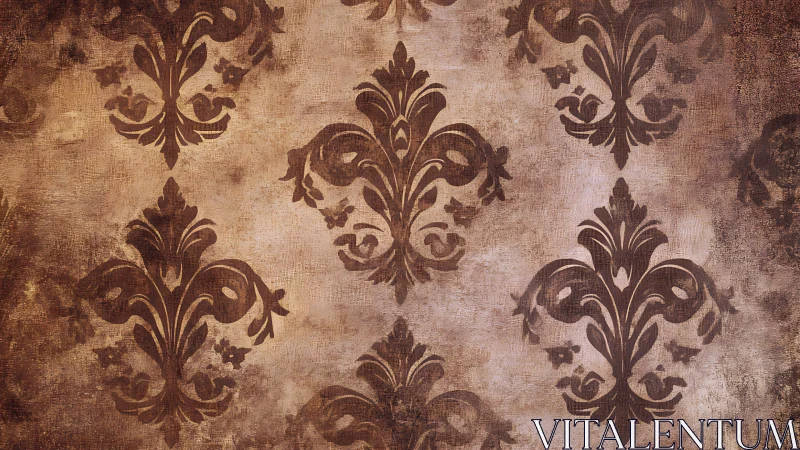 Damask motif repeats on worn, textured brown background