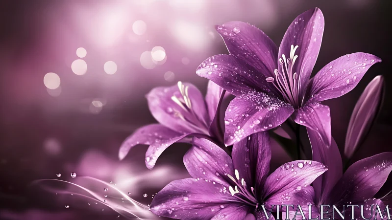 Purple Lilies with Water Droplets in Soft Focus.