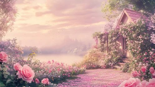 Lakeside rose cottage under soft pastel sunrise glow.