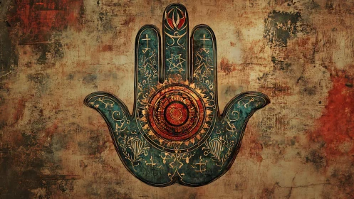 Ornate hamsa hand symbol on textured distressed wall