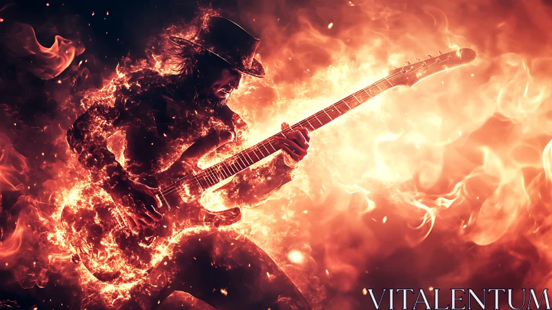 Guitarist silhouette in stylized flames and intense light field.