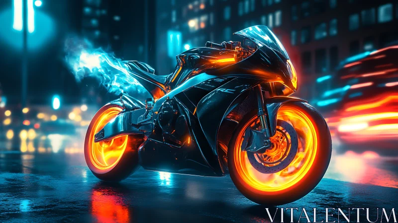 Futuristic neon superbike burns across wet cyberpunk street