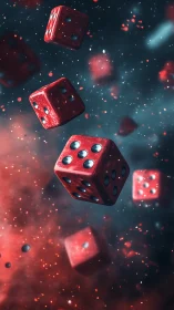 Red dice floating in cosmic blue and red particle field.