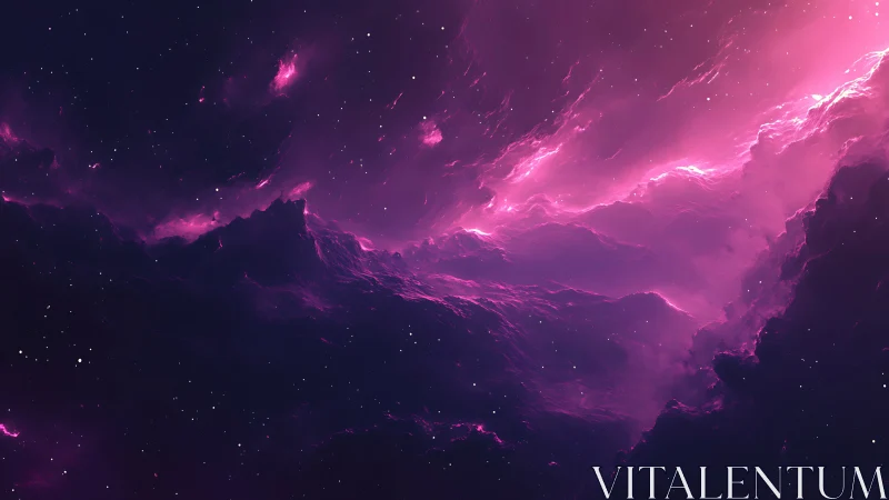 Pink nebula-like cloud formations stretch across deep space