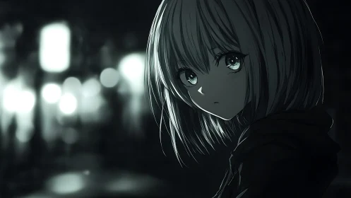 Melancholic anime girl in dim night city street scene.