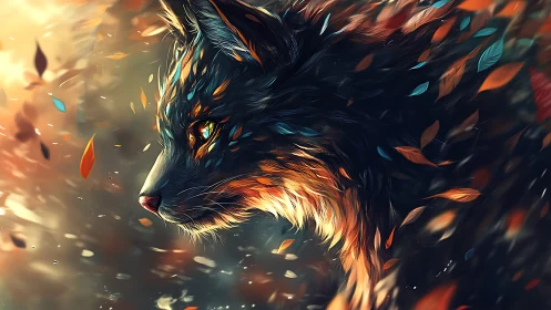 Luminous vulpine profile amid turbulent chromatic foliage field.