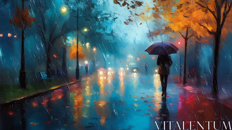 Figure walks with umbrella on rainy, illuminated city street