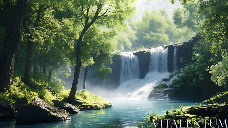 Lush forest waterfall cascading into calm blue lagoon.