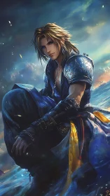 Stormlit wanderer resting in a swirling ocean dreamscape.