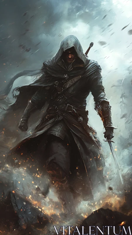 Storm-wreathed rogue strides through embers toward unseen fate