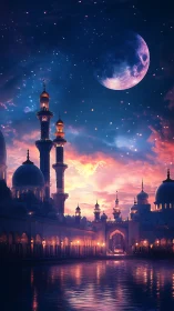 Moonlit mosque skyline over reflective waterfront at dusk.