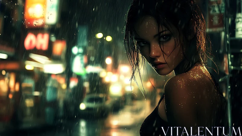 Mysterious woman stands in neon‑lit rain on a city street.