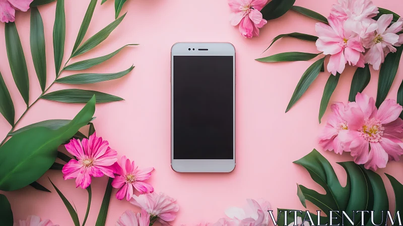 Smartphone Display Mockup Surrounded by Pink Peonies and Green Botanical Foliage