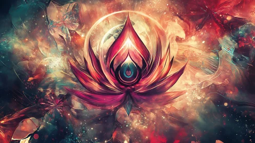Digital painting of cosmic lotus bloom with radiant core focus.