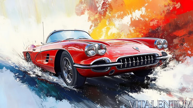 Red classic sports car charging through abstract color storm.