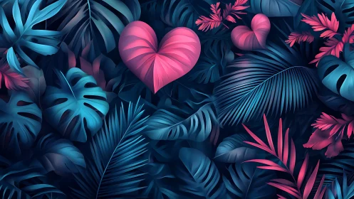 Chromatic heart-shaped foliage embedded in neon jungle canopy