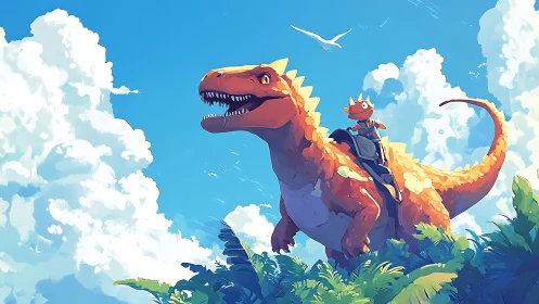 Orange dinosaur with small rider under bright sky.