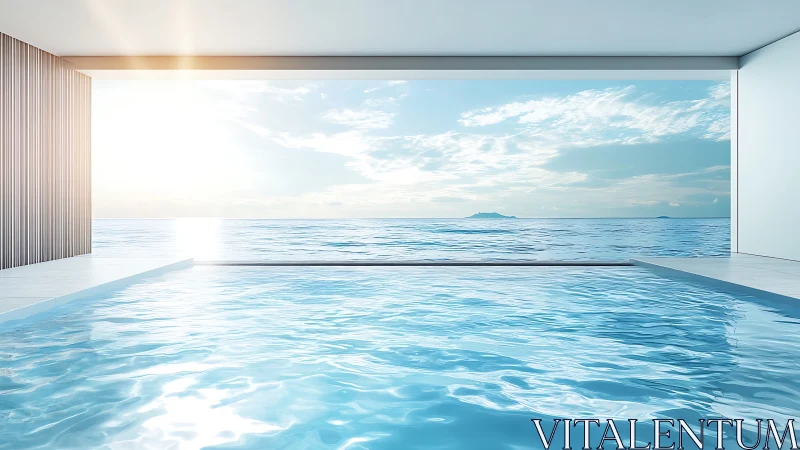 Infinity pool merges with bright ocean horizon at sunrise