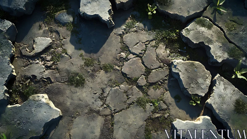 Eroded concrete slab fragments with realistic lighting and vegetation