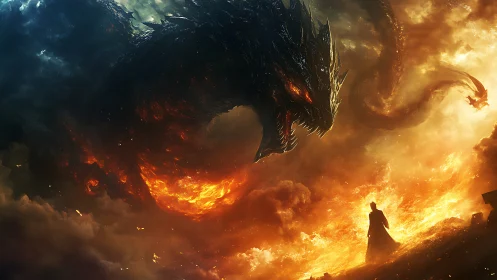 Epic digital painting of colossal fire dragon confrontation.
