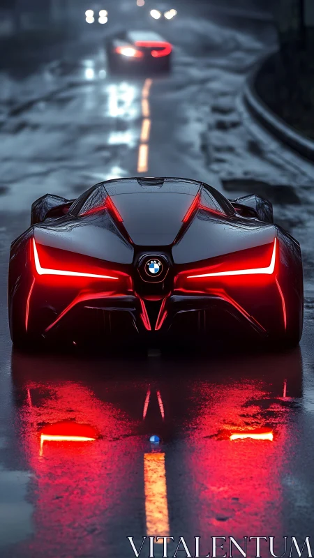 Futuristic sports car glows on wet night highway